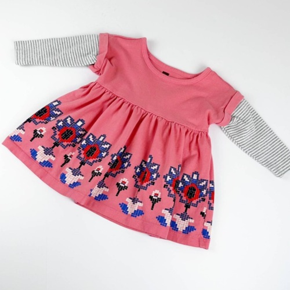 Tea Collection Floral‎ Graphic Dress Baby 3-6 Months Pink Striped Sleeve